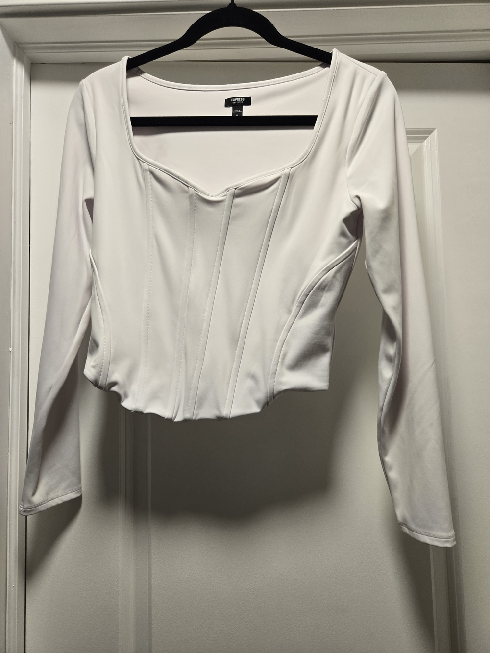 Express White Long-Sleeve Corset-Style Crop Top